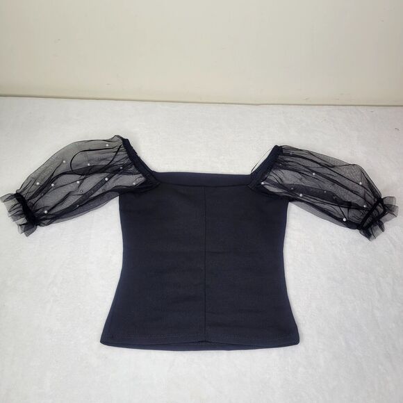 Black Sheer Puff Sleeve Pearls Preppy Breakfast At Tiffanys Classy Top Sz XS NWT - Picture 2 of 7